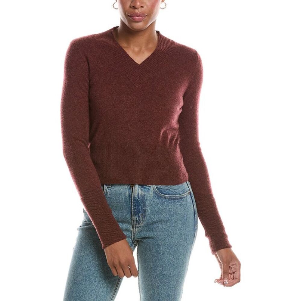 Autumn Cashmere Womens  V-Neck High Cuff 100% Cashmere Sweater, Brown